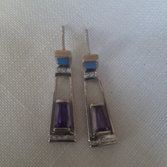 Modern Geometric Amethyst and Opal Earrings - Picture 2 of 3